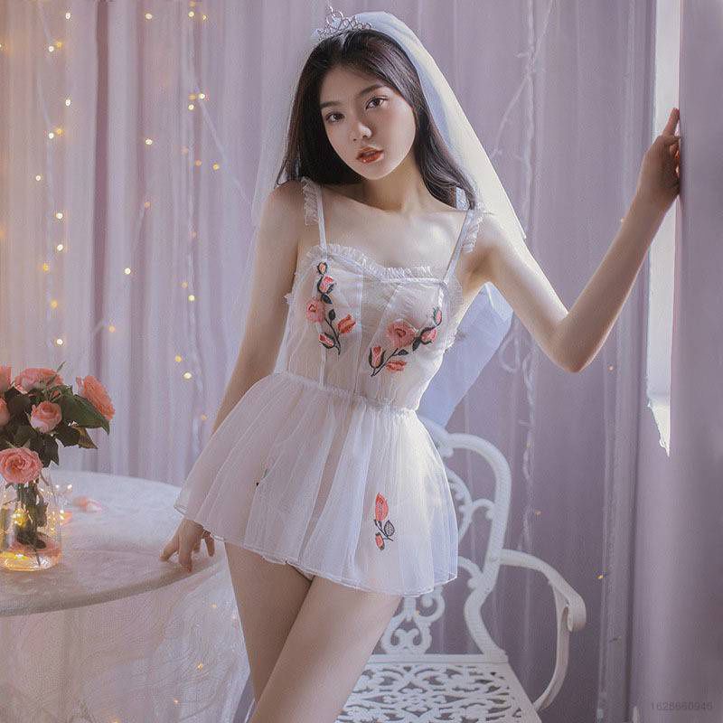 Cosplay cô dâu cao cấp sexy - váy đầm ngủ 2 dây hóa trang bride thuê hoa lá hở lưng gợi cảm