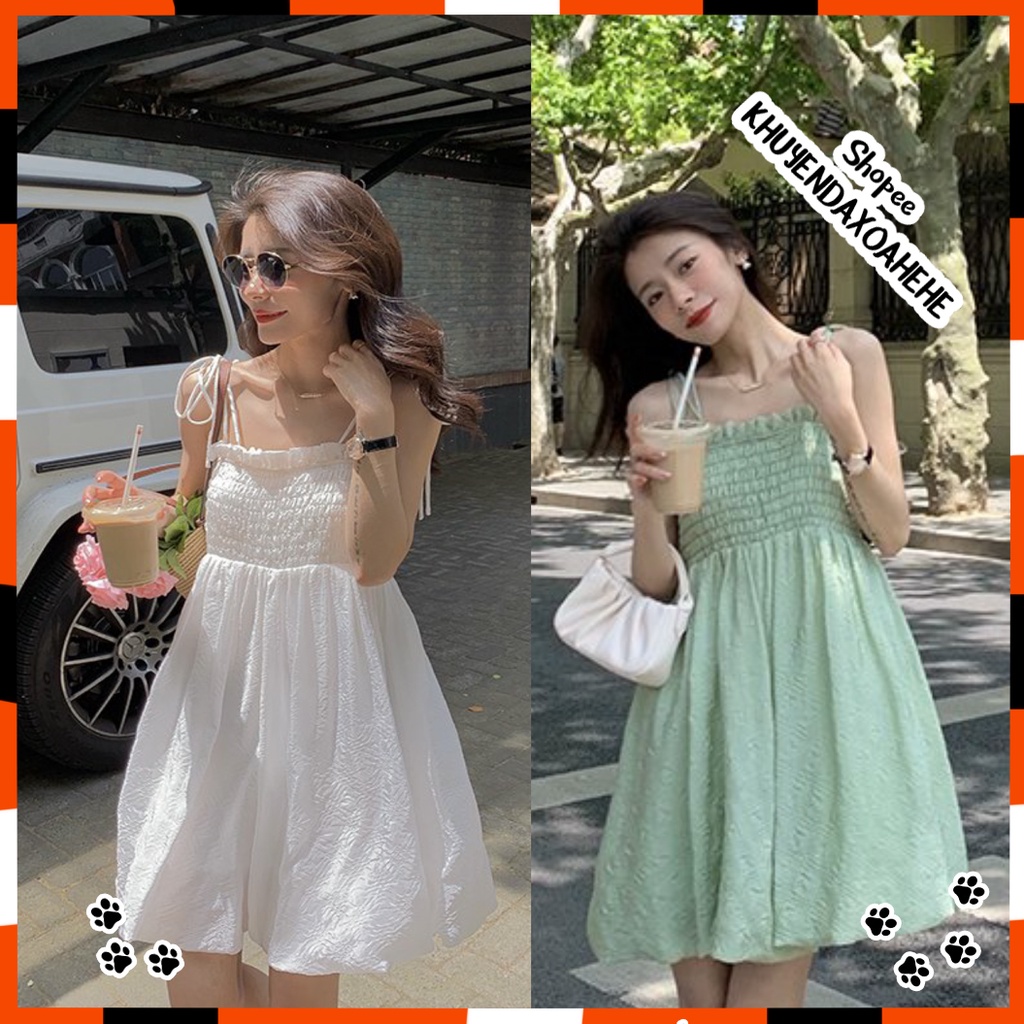 V001 Váy 2 dây thắt nơ chun ngực viền bèo Ulzzang dáng xòe tiểu thư, đầm voan mềm công chúa bánh bèo Hàn Quốc đi biển