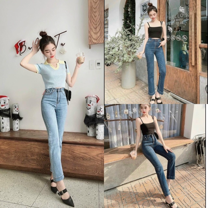 Quần Jeans bò ống đứng cạp caoDAQUY20quần JEANS ống đứng phong cách Hàn quốc cạp cao co zãn cực xinh