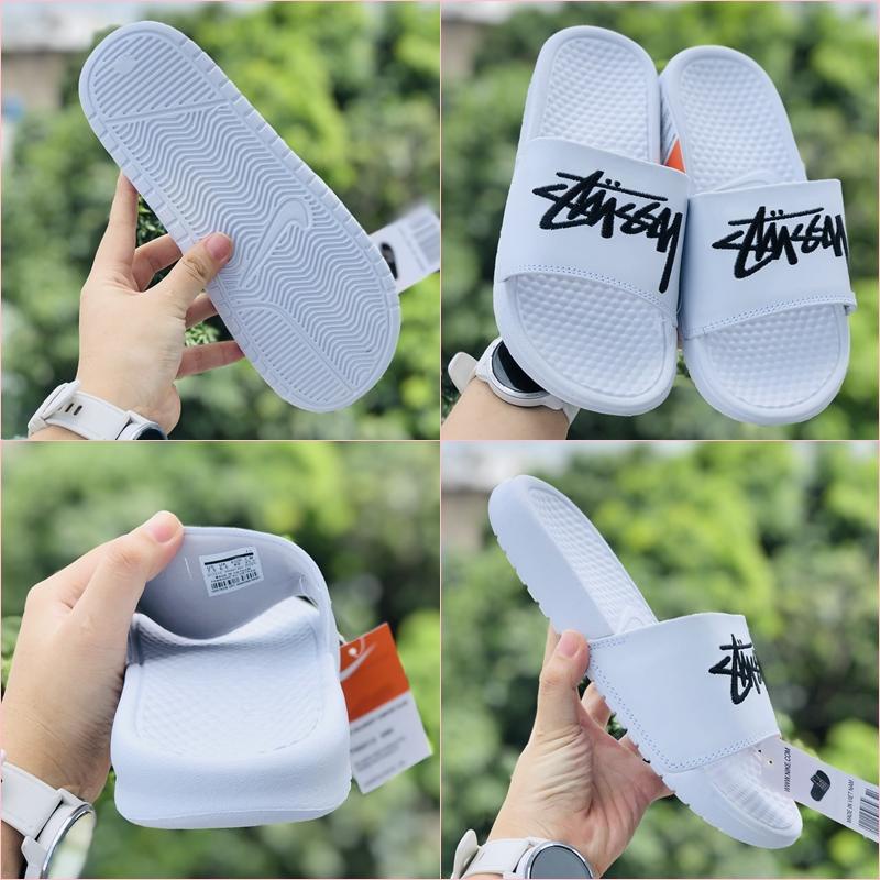 Dép NK STUSSY BENASSI  Freeship + FullBox + Nữ Lùi 1 Size♥️ Dép quai ngang nam nữ thể thao, chữ thêu, đế bám tốt