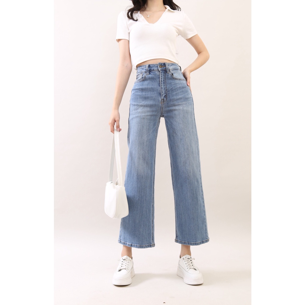 Quần Jean Nữ Ống Rộng cạp cao co giãn cơ bản Trơn Gấu Thường CT JEANS