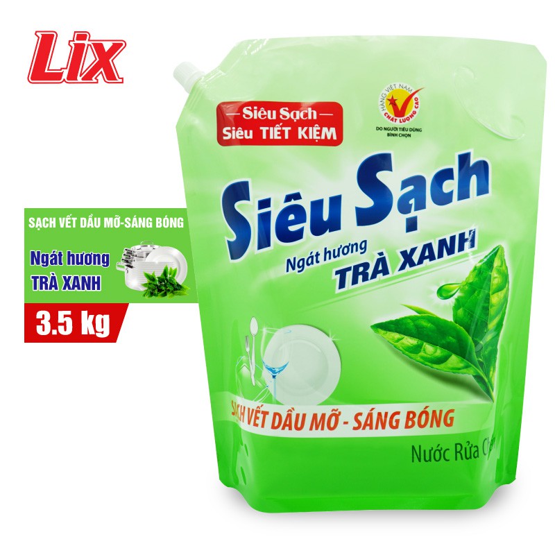 [Mã LTP50 giảm 50K đơn 150K] Nước Rửa Chén LIX 3.5KG Siêu Sạch Trà Xanh loại Túi - N8101