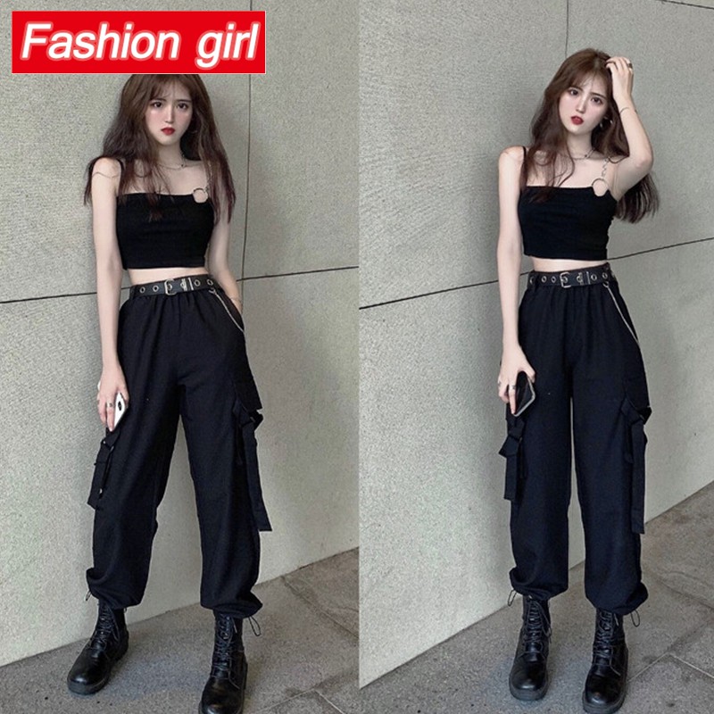 Bộ Áo Camisole Có Vòng Kim Loại Nhỏ + Quần Yếm Dáng Rộng Phong Cách Hàn Quốc Cá Tính Dễ Phối Đồ