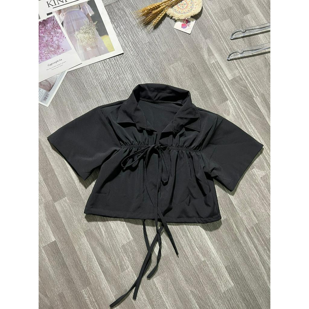 Áo croptop cổ sơ mi, áo kiểu nữ tay ngắn cột nơ G57