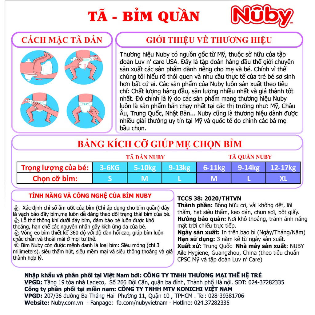 Tã Bỉm dán quần Nuby Mỹ cao cấp cho bé đủ size S40/M36/L34/M48/L46/XL44 48 miếng, AN TOÀN CHO DA BÉ