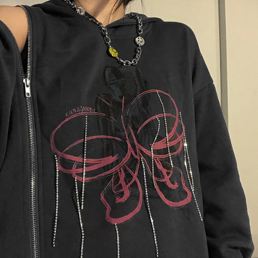 Áo hoodie mỏng có nón trùm tay dài phối khóa kéo tua rua kim cương giả in hình mới cho nữ