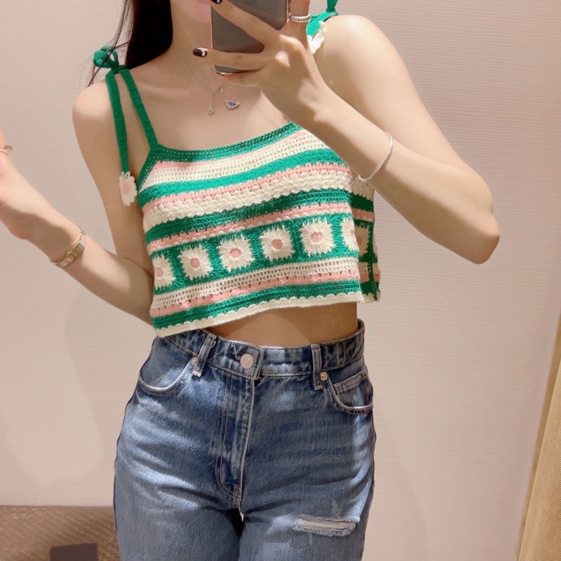 Áo hai dây Pure Cube dệt kim họa tiết hoa thời trang mùa hè cho nữ