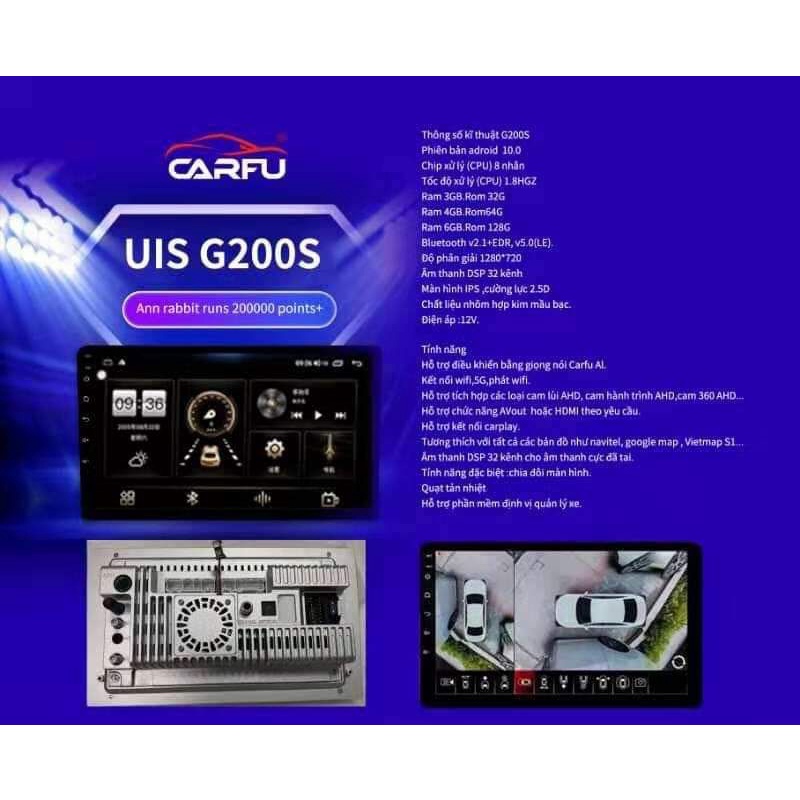 Màn hình Android Carfu G200/G200S Ram 3gb/4gb/32gb/64gb Liền cam 360 chip 8x 7862 cắm sim 5G siêu khủng ver 2022