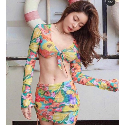 Bộ đồ bơi bikini Âu Mỹ 3 mảnh kèm váy hoạ tiết hoa vàng, xanh không gồm mút ngực siêu sexy hàng Quảng Châu
