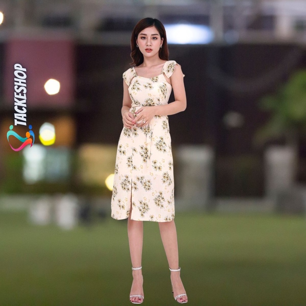 Váy Đầm Maxi 2 Dây Lụa Xốp Hoa Cánh Tiên Cổ Vuông Xẻ Tà Sexy