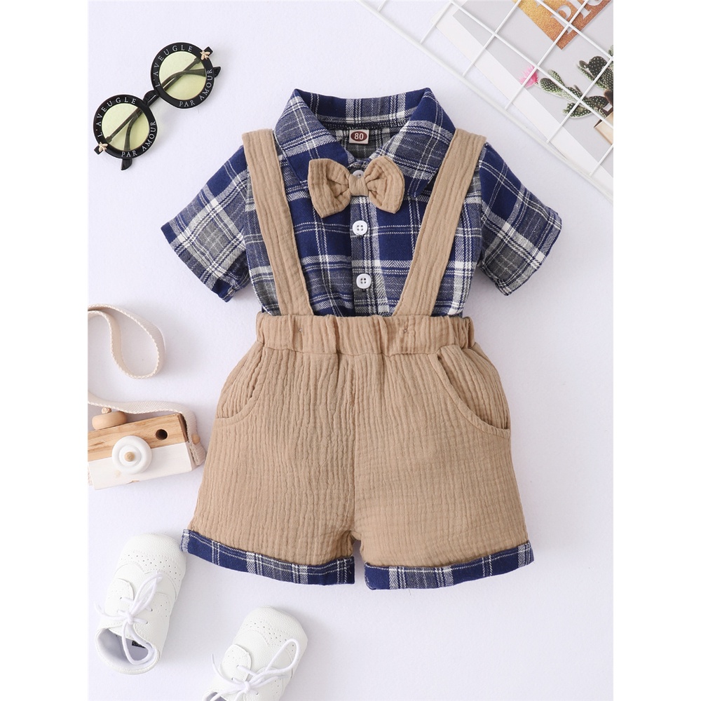 Set đồ 2 món MIKRDOO áo sơ mi tay ngắn cổ thắt nơ họa tiết ca rô và quần đùi yếm thời trang mùa hè cho bé trai sơ sinh