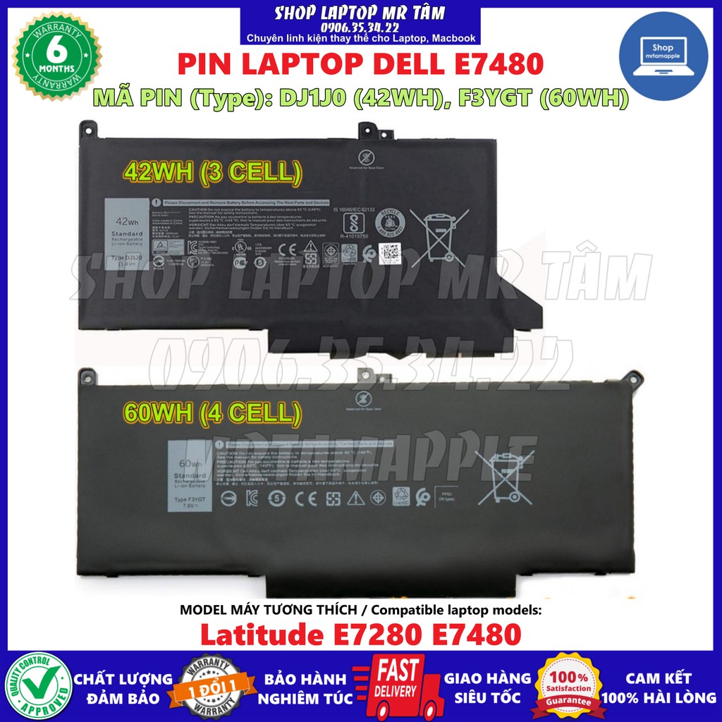 Pin Laptop DELL E7480 42WH / 60WH (ZIN) - Latitude E7280 E7480, 2X39G DM6WC F3YGT