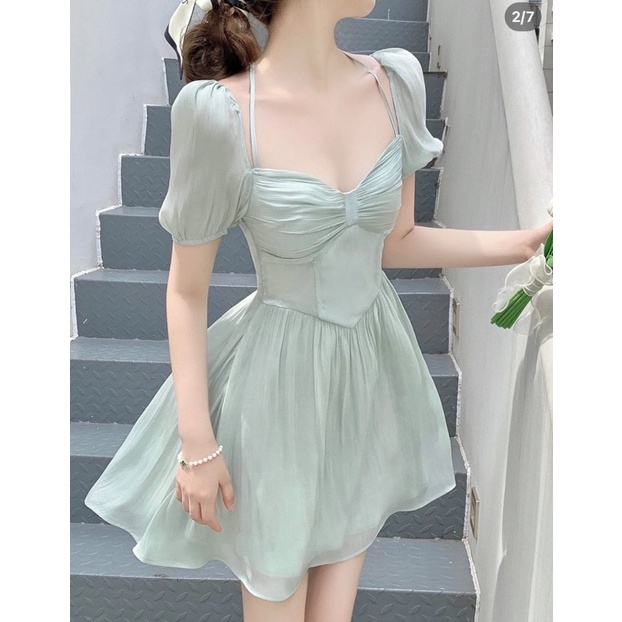 ĐẦM XANH MINT TƠ OGANZA KIẾNG NƠ NGỰC DÂY CỔ