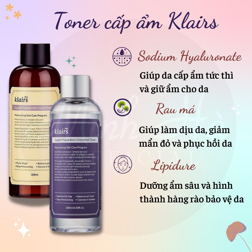 Nước hoa hồng Klairs không mùi Supple Preparation Unscented Toner dưỡng ẩm mềm da 180ml