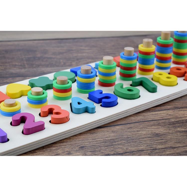 Giáo Cụ Montessori Cột Tính Học Đếm Và Hình Khối 2 Trong 1 Bằng Gỗ - Tặng Ghép Hình 9 Mảnh