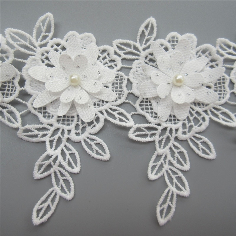 Set 10 Dây Ruy Băng Ren Thêu Hoa Đính Ngọc Trai Giả Bằng Vải cotton Màu Trắng Trang Trí Thủ Công