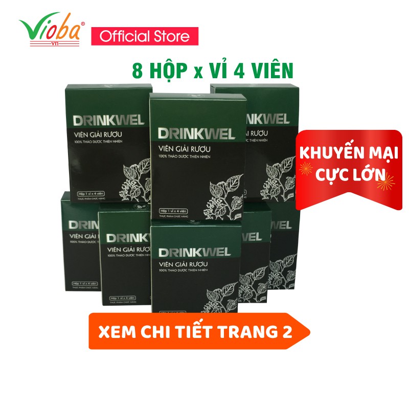 [8 hộp] Viên giải rượu, giảm tình trạng khô khát, giảm các triệu chứng khó chịu khi say. Drinkwel, hộp vỉ 4 viên