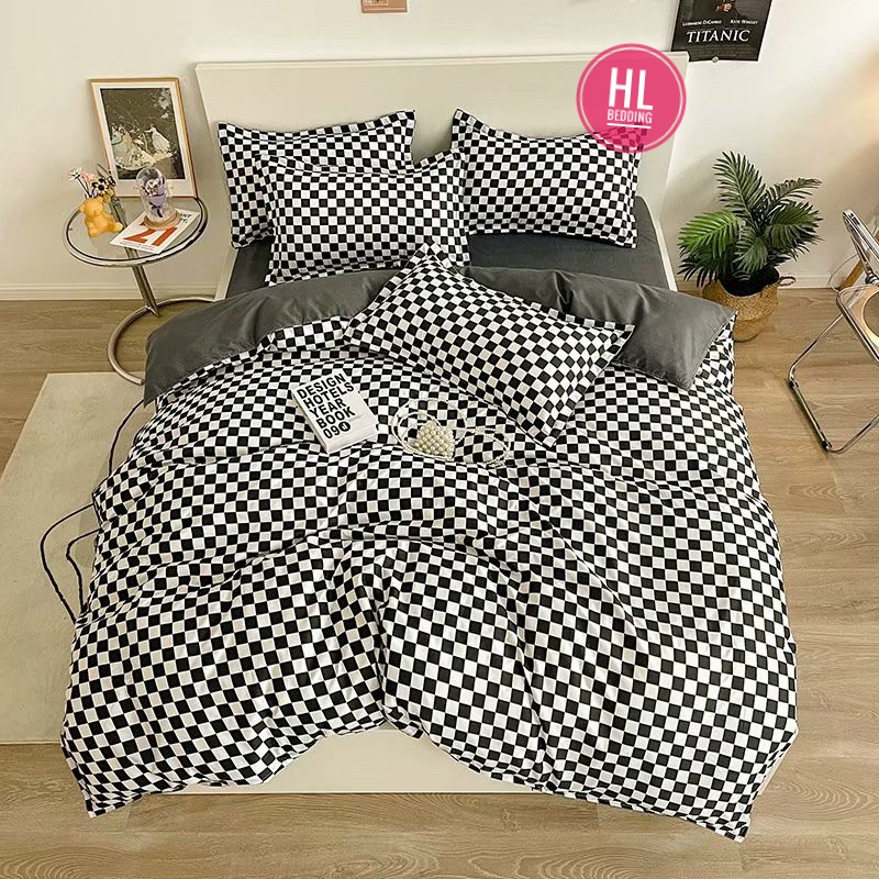 Bộ chăn ga Cotton Poly HL bedding chăn ga Hàn Quốc Bàn cờ vua caro ô vuông đen trắng nhỏ đủ size miễn phí bo chun