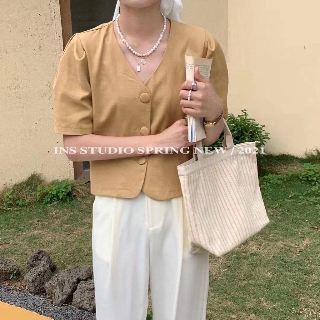 Áo sơ mi cổ tim lienen vàng rhstore | BigBuy360 - bigbuy360.vn