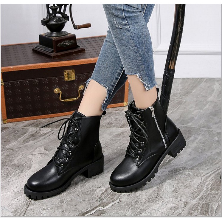 Ảnh thật - Giày boot nữ đế vuông cá tính cao 5cm khóa kéo kết hợp cột dây B145