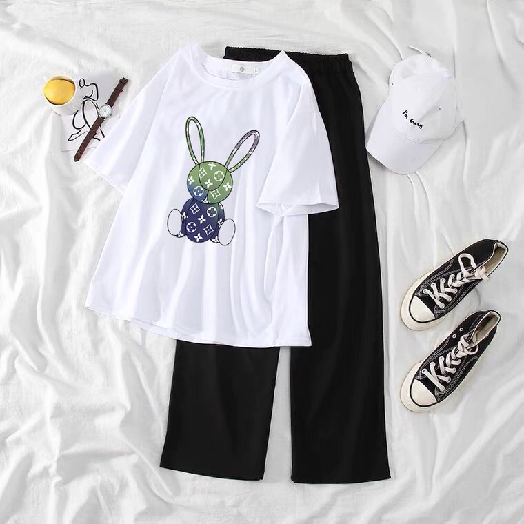Sét Áo Thỏ in 3D + quần suông trơn, Áo thun from rộng, Chất đẹp không xù, quần suông ống rộng, Sét bộ mặc ở nhà - MODY