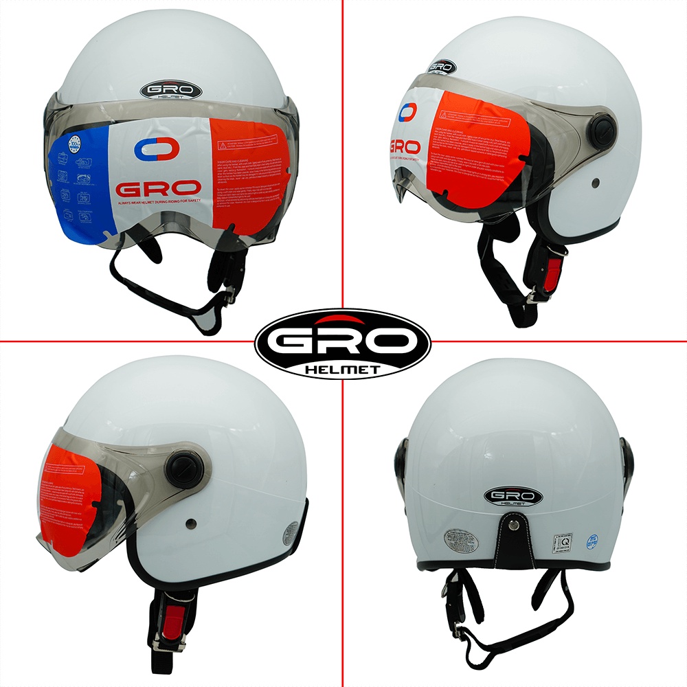 Mũ Bảo Hiểm 3/4 đầu GRO Helmet T818 có kính ngắn che nửa mặt, kiểu dáng thời trang cho nữ, khóa kim loại - Màu Trắng