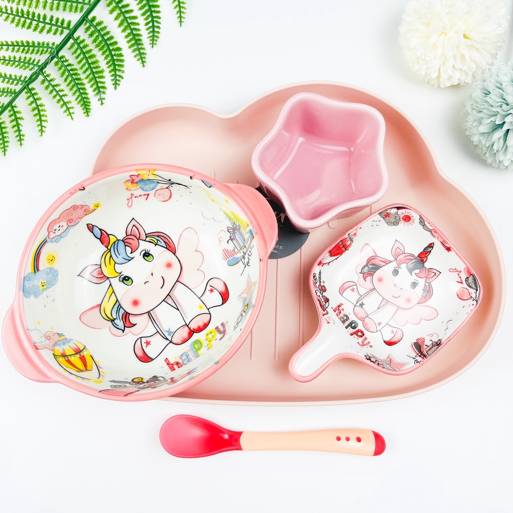 Bộ Bát Sứ Ăn Dặm Cho Bé Từ 5 Tháng Kiểu Nhật Đủ Màu Gồm Khay Bát Thìa Báo Nóng Gốm Sứ Cao Cấp Babyducky Store