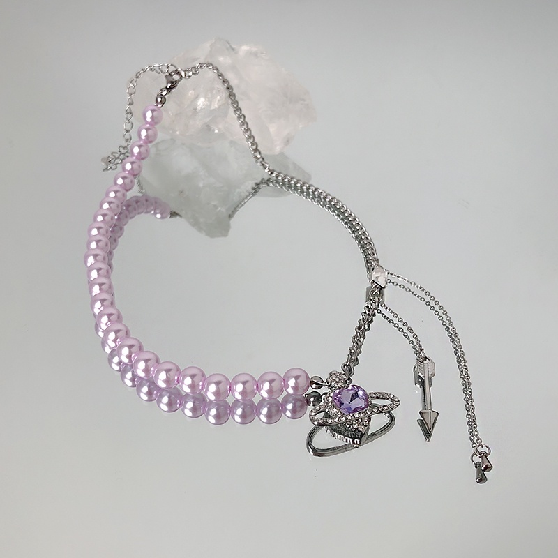 Vòng cổ gắn hạt ngọc trai tím mặt trái tim phong cách hip hop