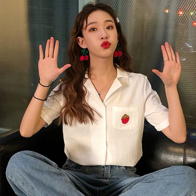 Áo sơ mi tay ngắn họa tiết trái cây đáng yêu trẻ trung cho nữ | BigBuy360 - bigbuy360.vn