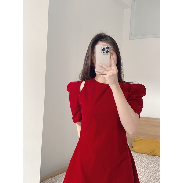 [HÀNG SẴN]VÁY-ĐẦM NHUNG ĐỎ TAY BỔNG HỞ VAI SIÊU XINH | BigBuy360 - bigbuy360.vn