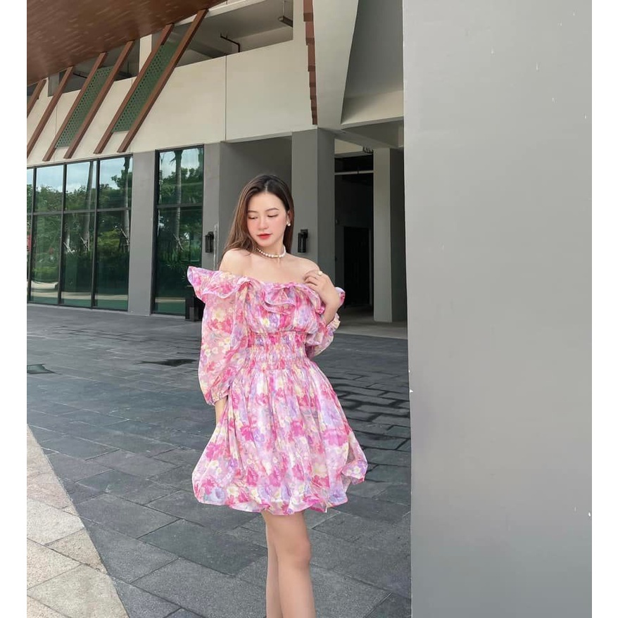 [HÀNG THIẾT KẾ CAO CẤP] Đầm Hoa Xòe Trễ Vai Chất Voan Tơ Đi Biển / Du Lịch / ĐI Tiệc Dễ Thương Form Ngắn Màu Hồng