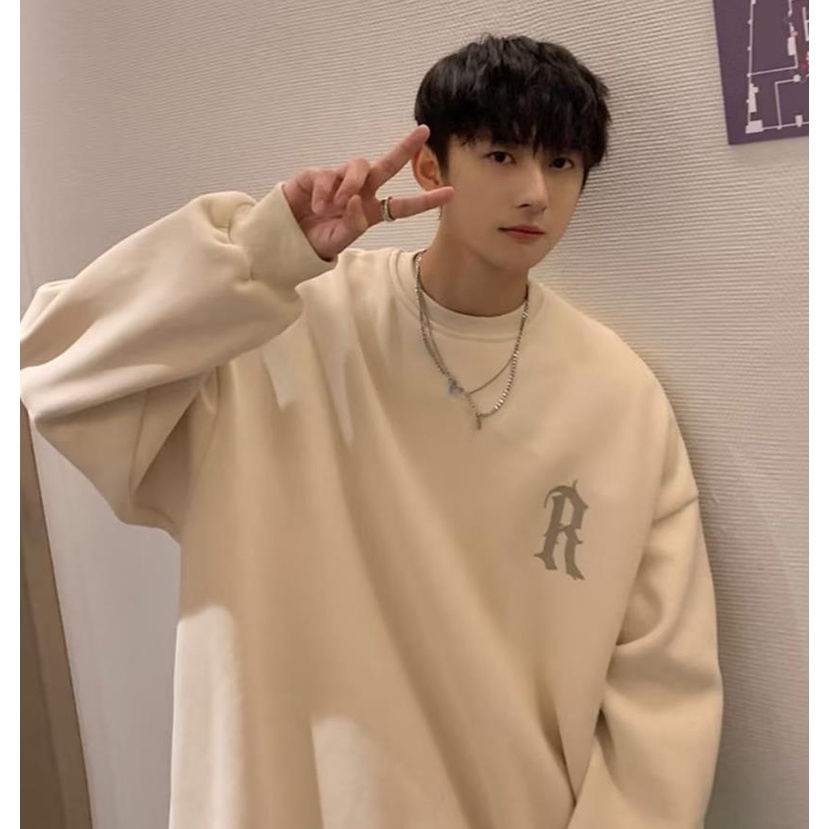 Áo Sweater Dáng Rộng Cổ Tròn Tay Dài Oversize In Logo Font Arc Và Hoa Màu Mơ Sữa