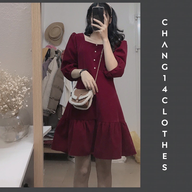 váy nhung đỏ mận xoè