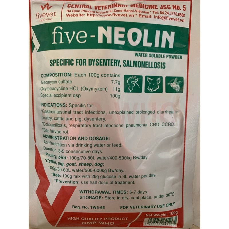 100g FIVE NEOLIN -phân sáp, phân trắng, phâm xanh, ecoli - trên ong, gà, vịt, ngan, cút, heo, trâu, bò