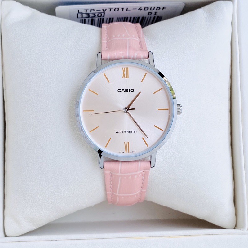 Đồng hồ nữ dây da Casio VT01L 4B màu hồng
