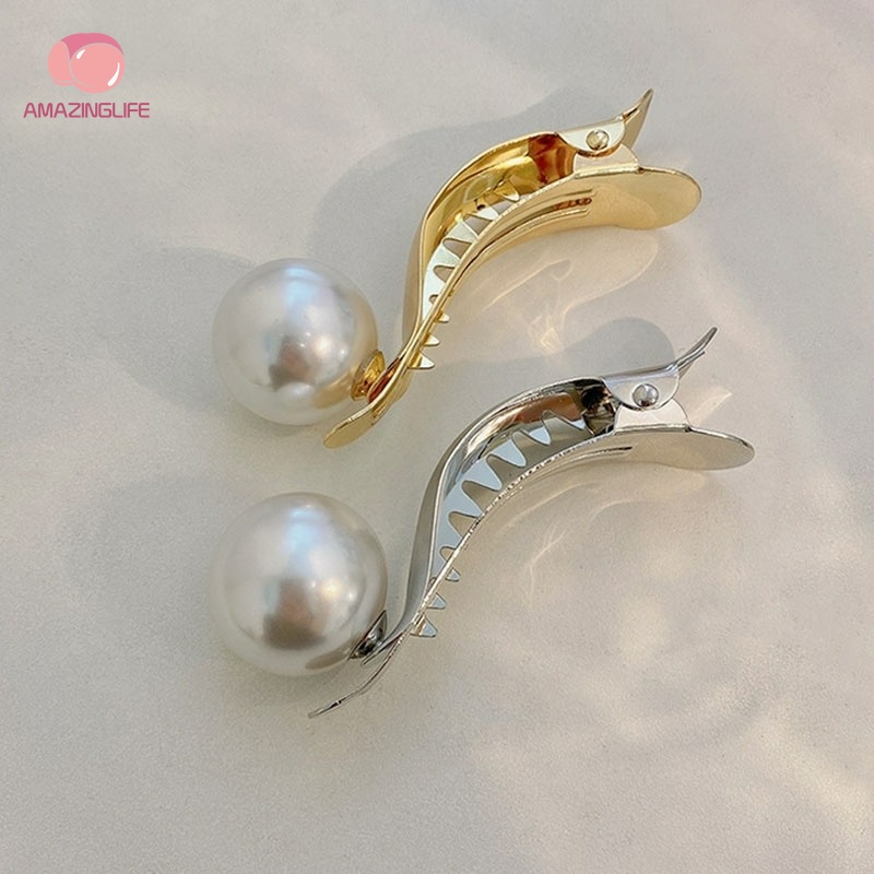 Kẹp Tóc Đính Ngọc Trai Bằng Kim Loại Màu Vàng/Bạc/Bạc Thiết Kế Hình Học Thanh Lịch Thời Trang Cho Nữ