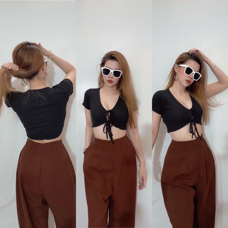 Áo croptop cột dây đen gân to