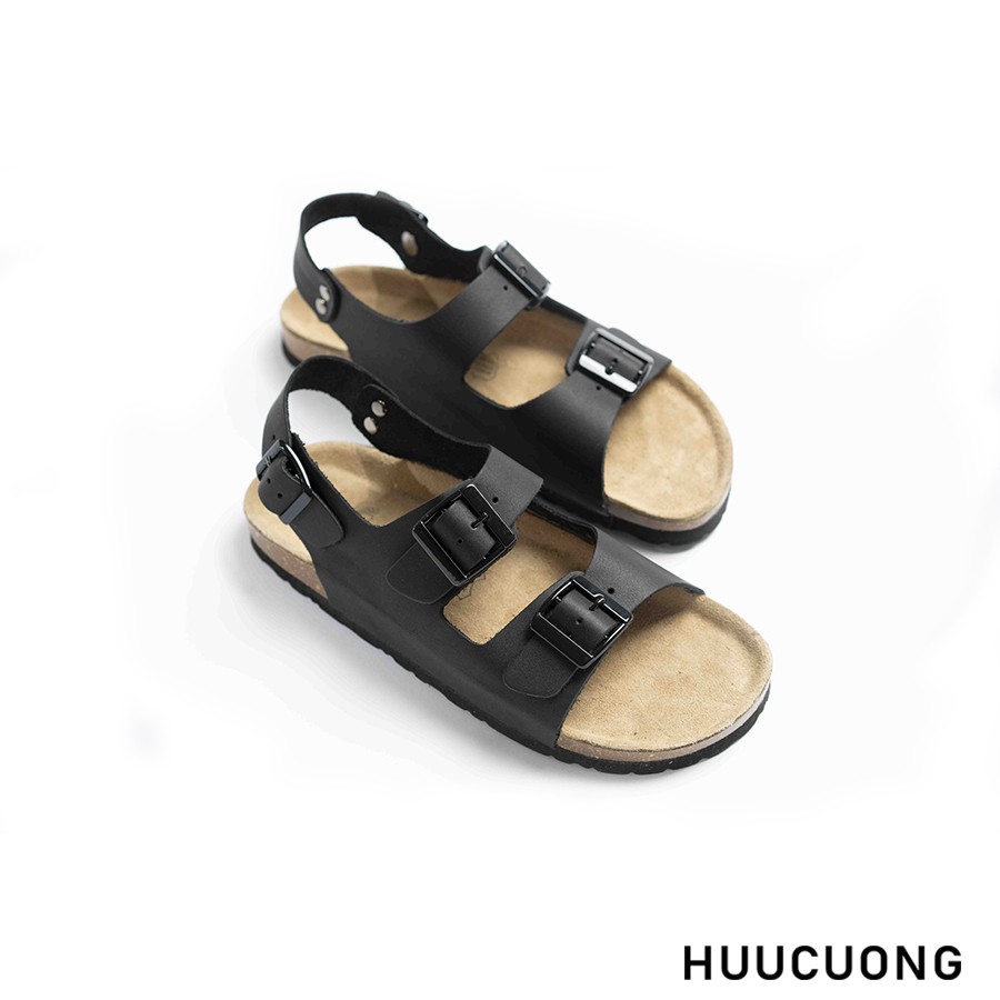 Giày Sandal Unisex HuuCuong 2 khóa da bò đen đế trấu