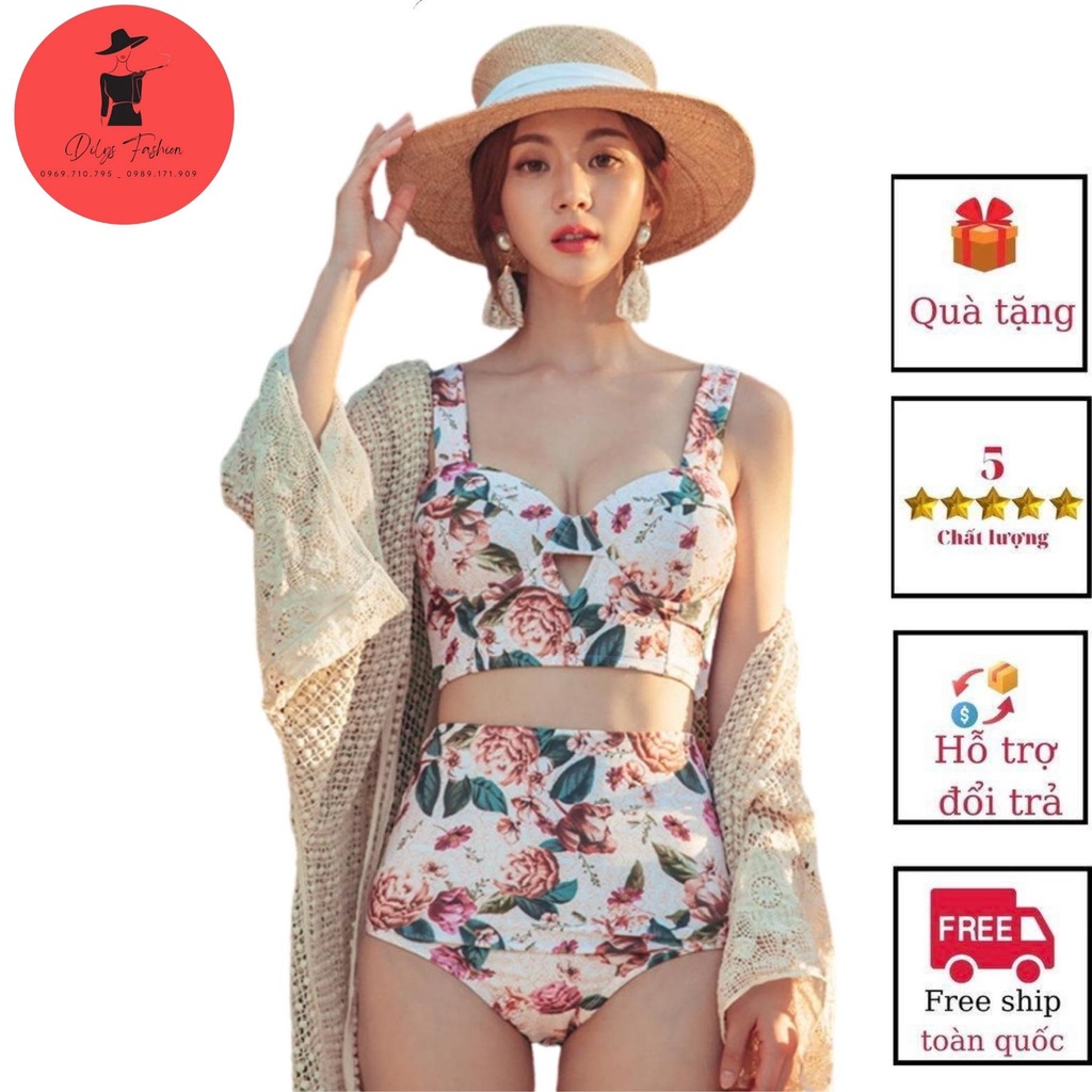 Đồ bơi nữ 2 mảnh kín đáo DILYSFASHION ĐB23, Bikini đi biển bigsize phong cách hàn quốc 2 dây hoa hồng quần cạp cao