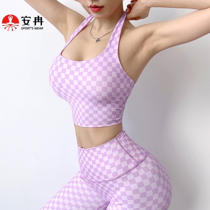 Áo ngực ANRAN cổ yếm họa tiết sọc caro chống sốc thời trang cho nữ tập thể thao yoga