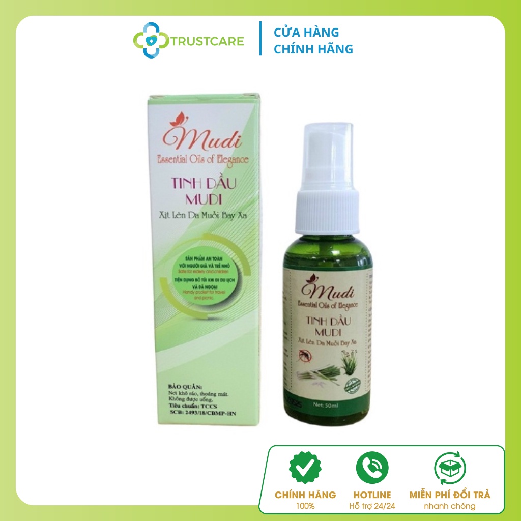 Tinh dầu Mudi, xịt đuổi muỗi, mùi thơm, khử khuẩn với tinh dầu thiên nhiên - Lọ 50 ml - Trustcare