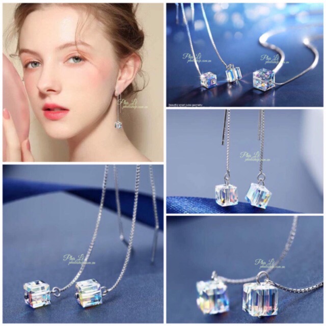 Bông Tai Pha Lê Vuông Khối Được Thiết Kế Từ Pha Lê Swarovski Và Bạc S925