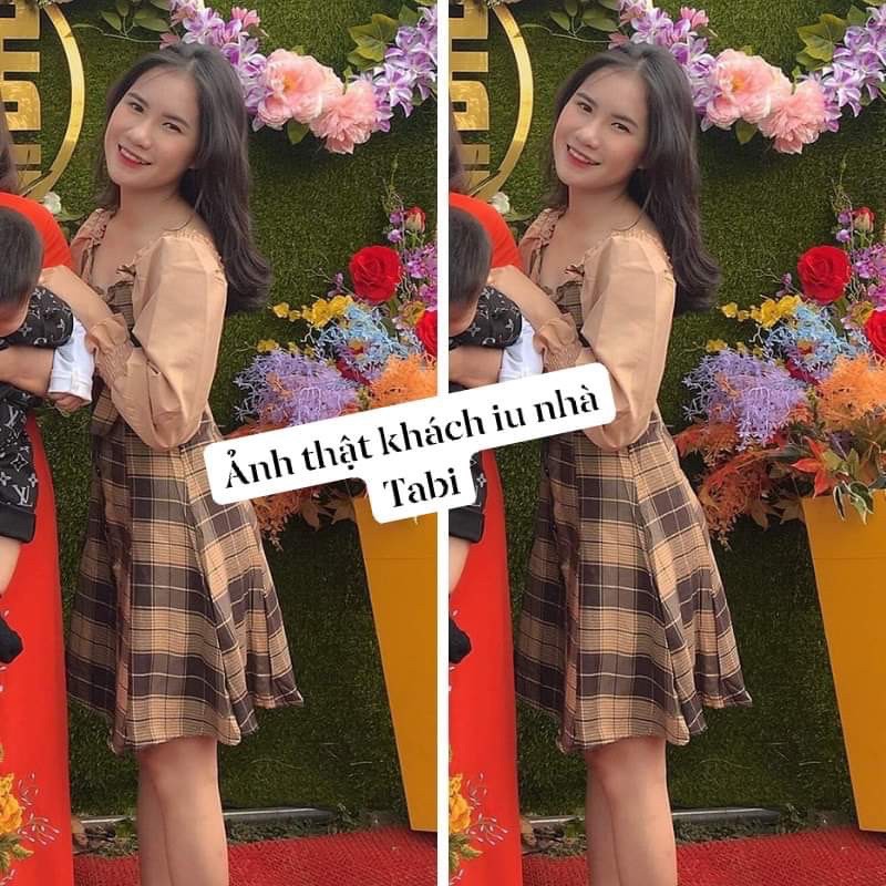 Đầm trễ vai dáng xoè tay dài, váy nữ dáng xòe GenY họa tiết caro phối tay bồng mặc được 2 kiểu xinh xắn | BigBuy360 - bigbuy360.vn