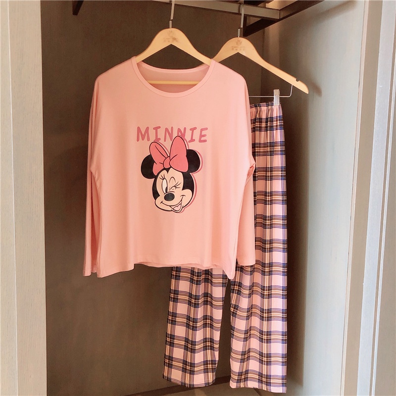 IELGY    Bộ Đồ Ngủ Tay Dài Dáng Rộng In Họa Tiết Hoạt Hình Dễ Thương Phong Cách Hàn Quốc Cho Nữ