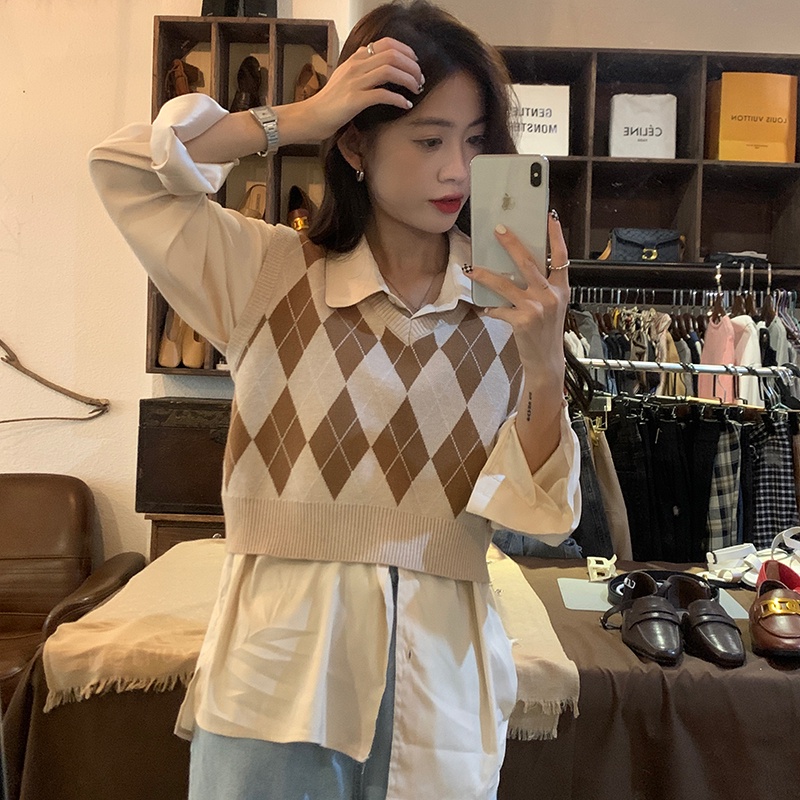 Áo len không tay cổ chữ V họa tiết sọc caro thiết kế thời trang dành cho nữ