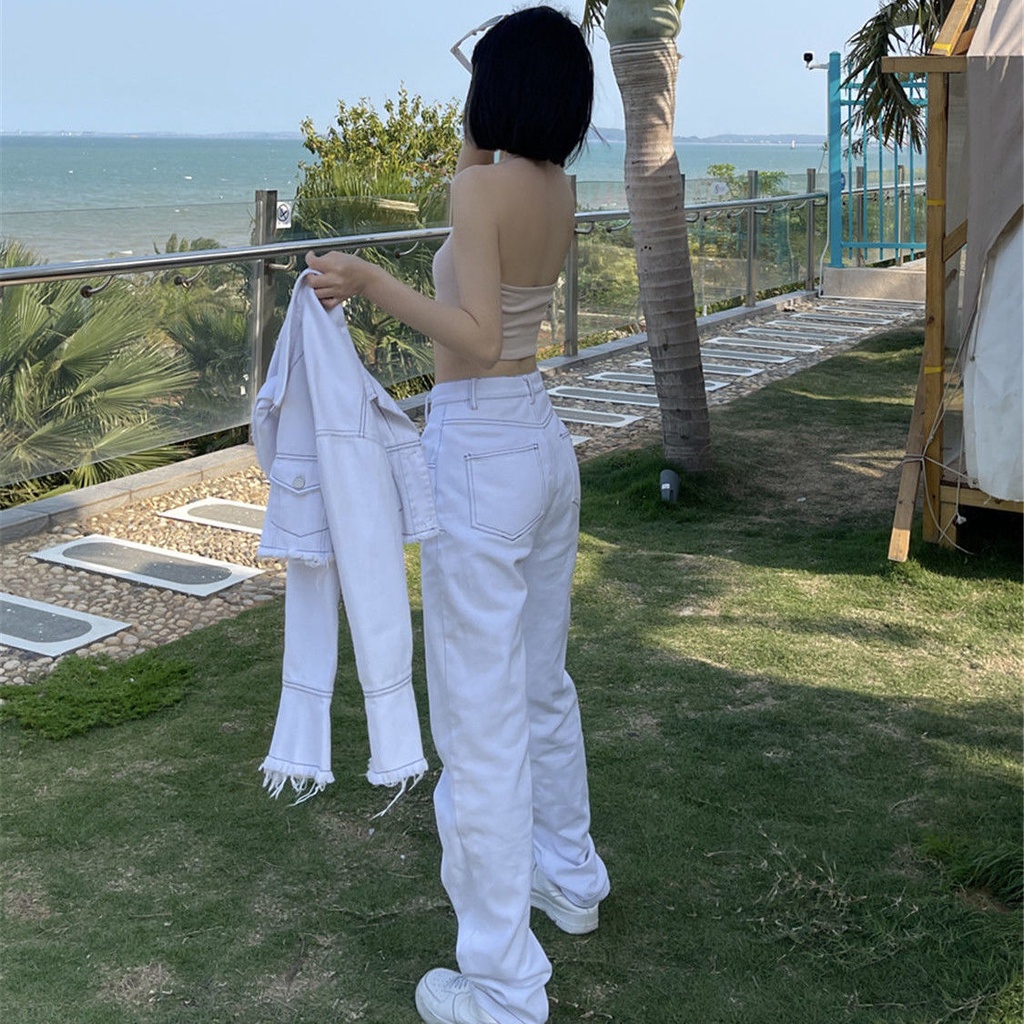 Bộ Áo Khoác Tay Dài + Quần Jean Trắng Lưng Cao Ống Rộng Phong Cách Hàn Quốc Thời Trang Mùa Hè Mới Cho Nữ 2021 | BigBuy360 - bigbuy360.vn