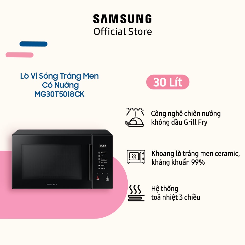 [Mã ELSAM5 giảm 10% đơn 500K] Lò Vi Sóng Tráng Men Có Nướng Samsung MG30T5018CK/SVV(30 lít)