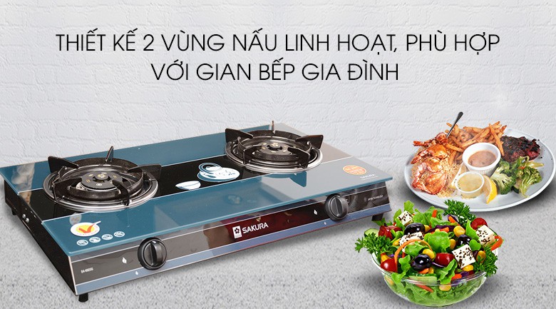 Bếp gas đôi Sakura SA-692SG Hàng Trưng Bày +Tặng dây gas- Đầu đốt bằng đồng thau cho ngọn lửa xanh và mạnh.