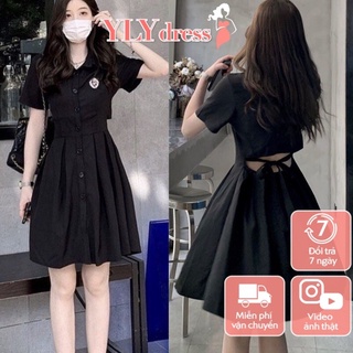 Váy đầm nữ cộc tay cổ bẻ sơ mi logo thắt nơ lưng màu đen freesize dáng a ngắn xòe học sinh ulzzang hàn quốc C927