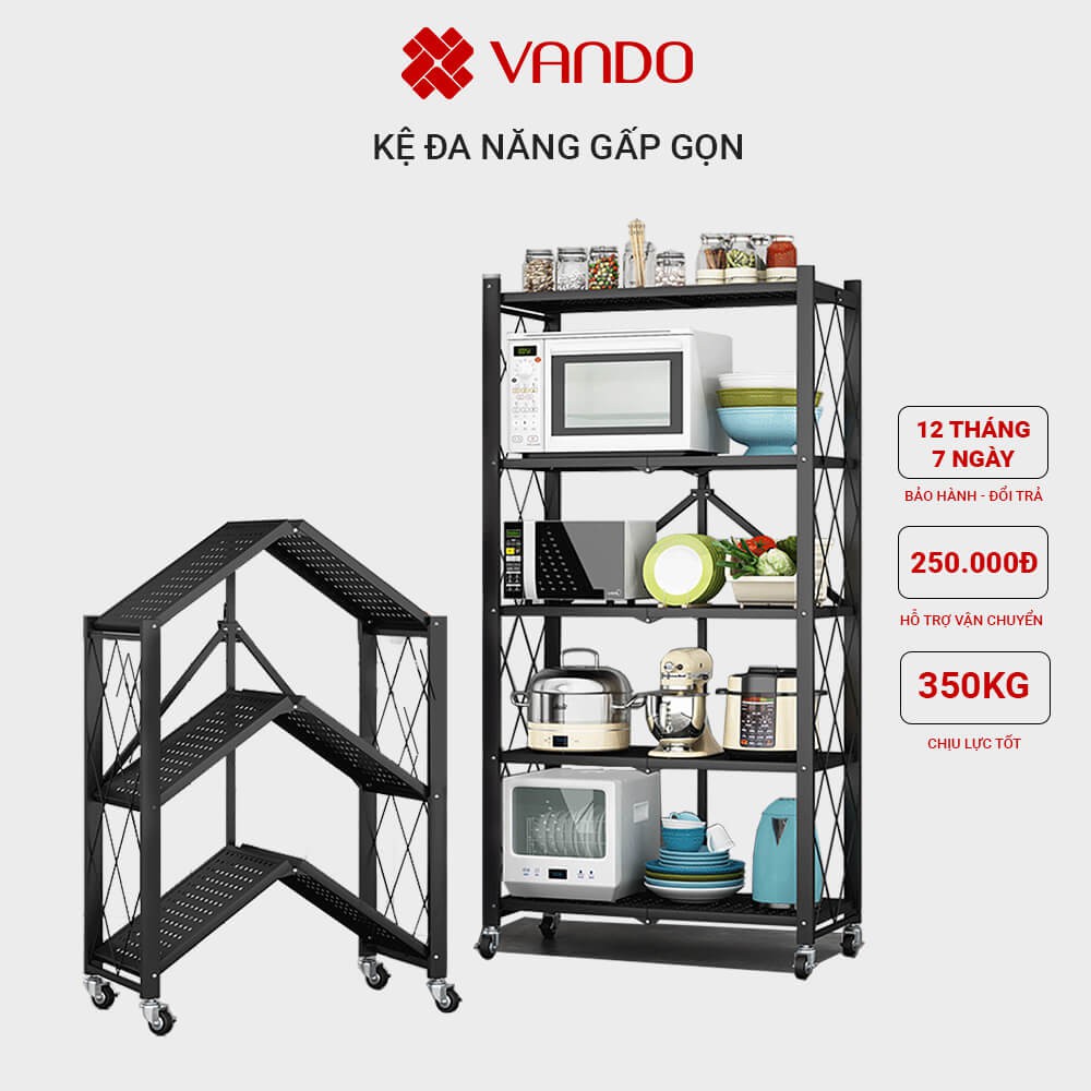 Kệ bếp đa năng 3/4/5 tầng gấp gọn để đồ, lò vi sóng tiện lợi bằng thép carbon có bánh xe